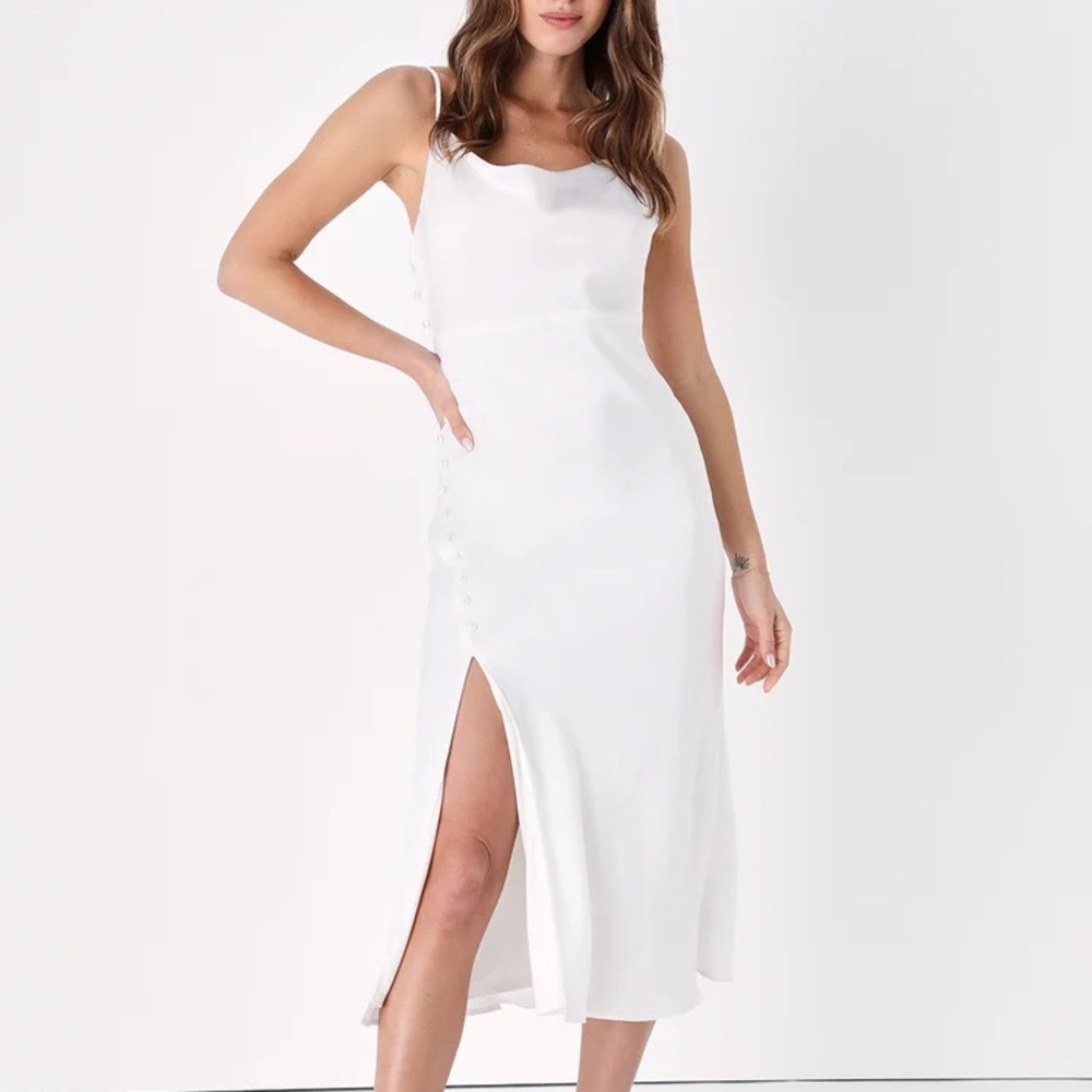 Lulu’s white cowl neck Slinking Out Loud White Satin Side Button Slip Dress